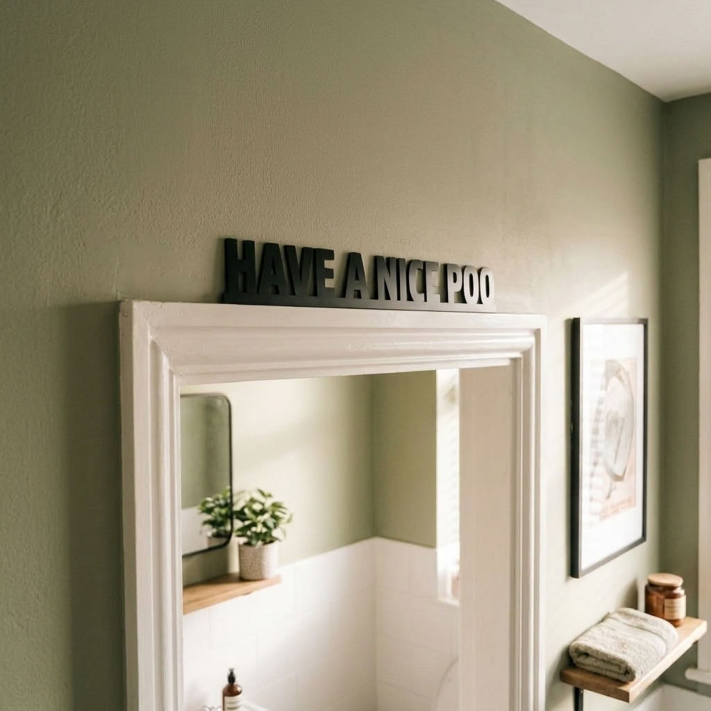 Minimalist black bathroom word sign with playful message