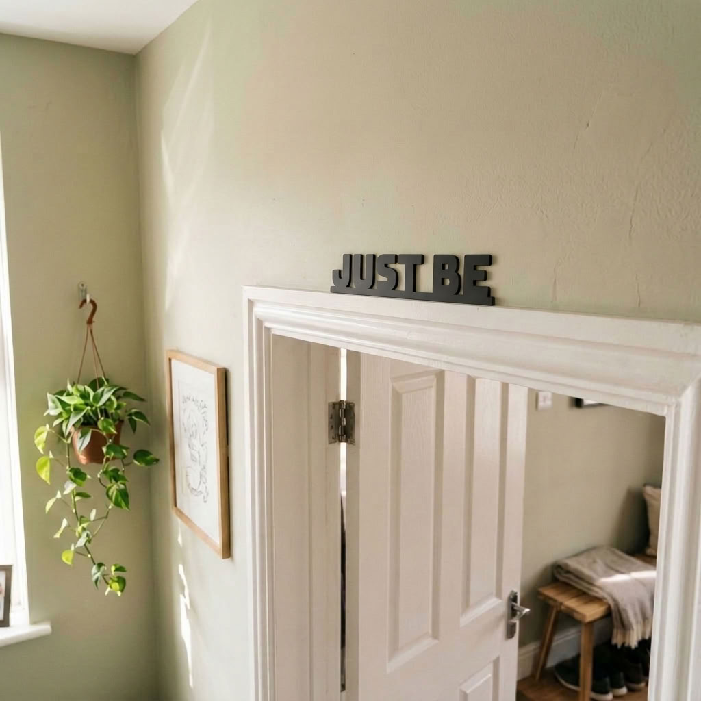 Positive affirmation sign displayed above doorway