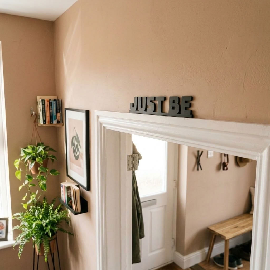 Minimalist doorway sign with Just Be message