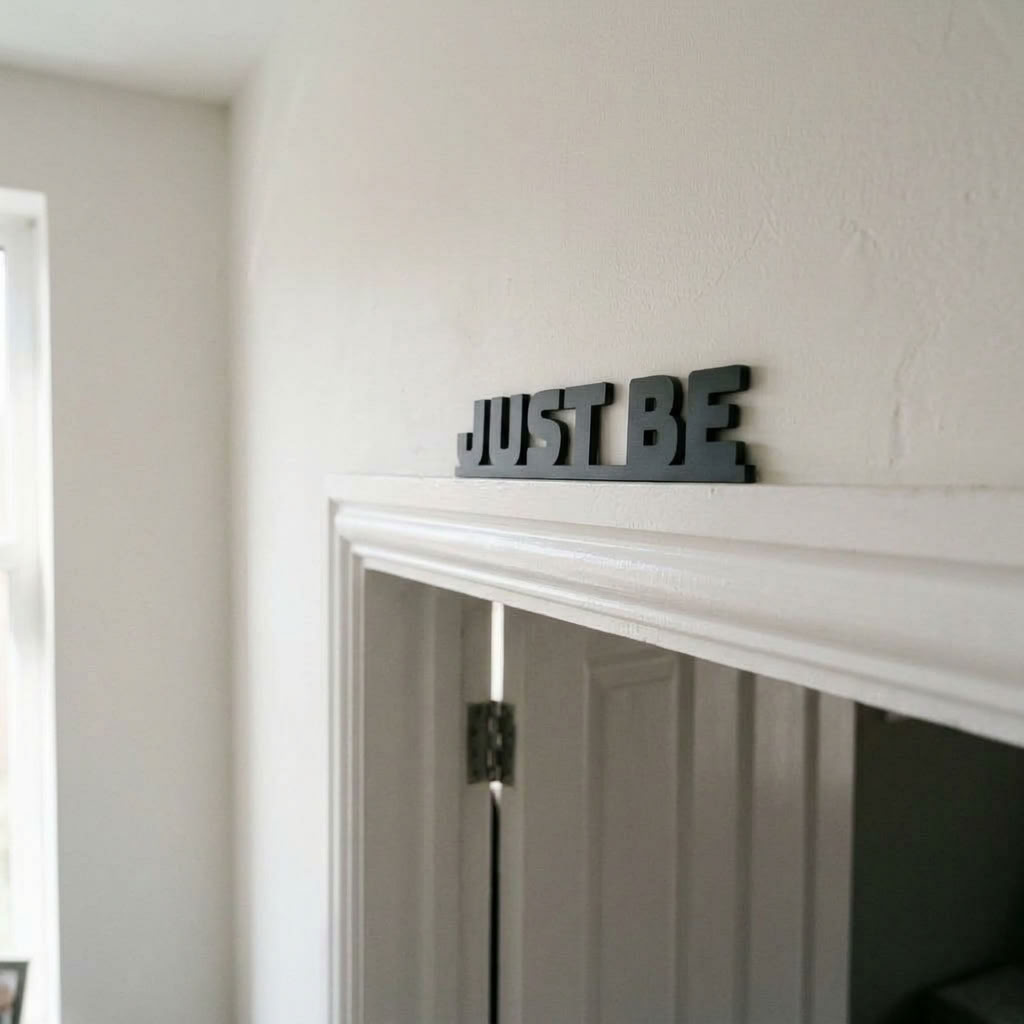 Handmade black acrylic Just Be sign for home and workspace