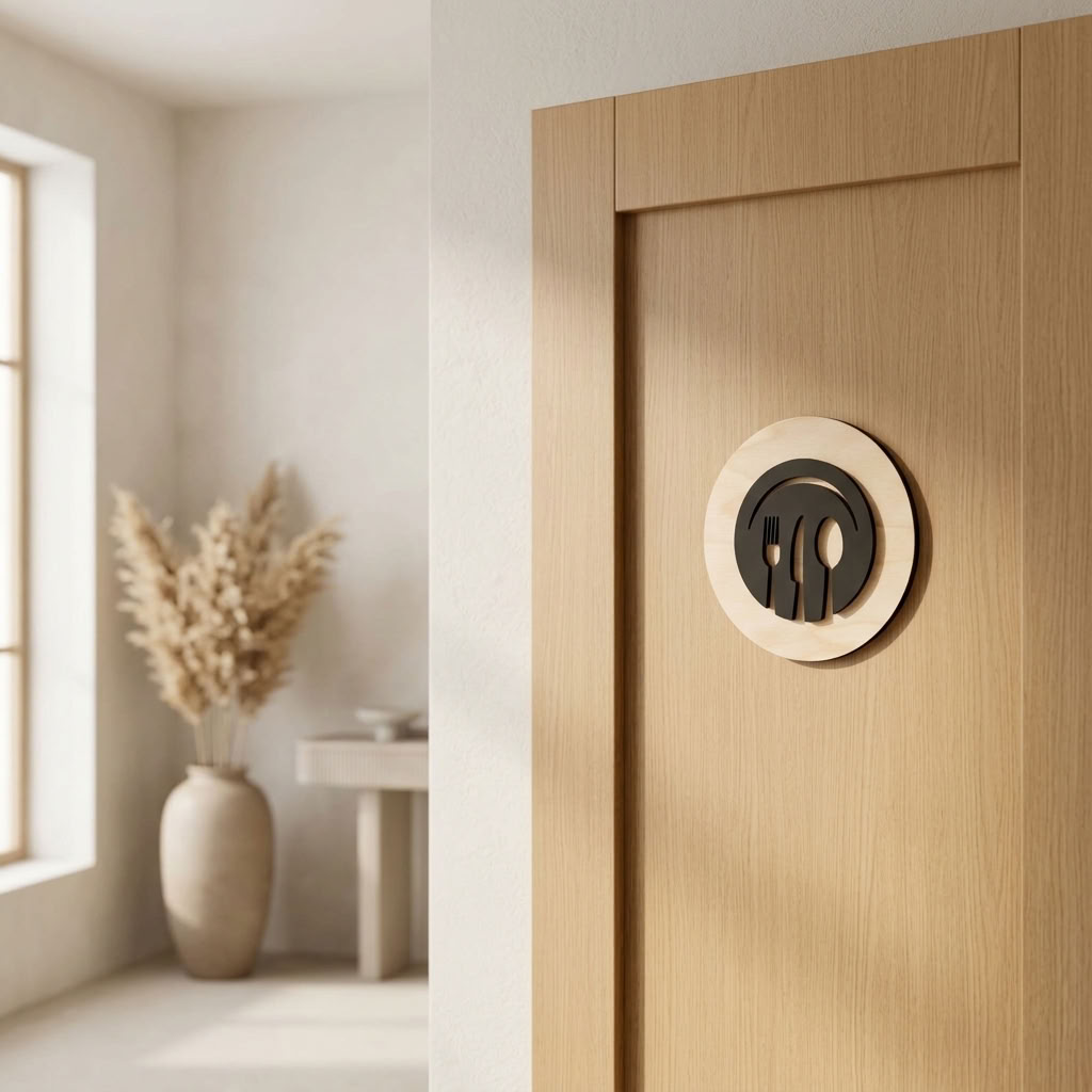 Modern kitchen sign mounted on wooden interior door