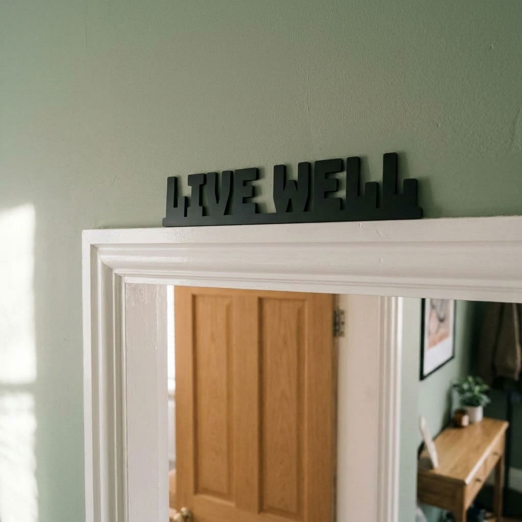 Modern acrylic quote sign with Live Well lettering