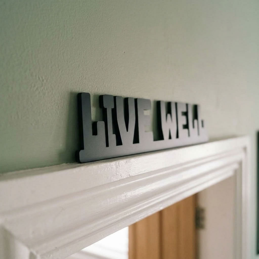 Inspirational Live Well sign displayed above doorway