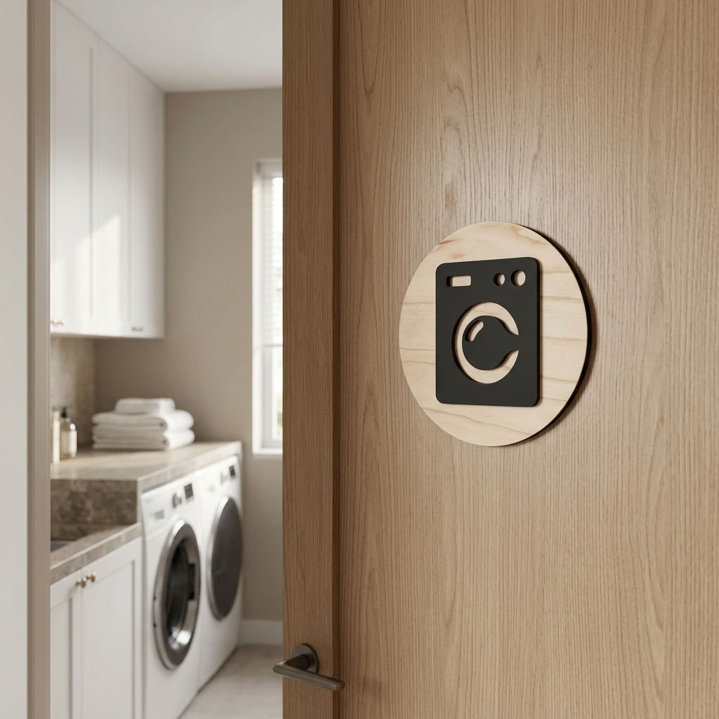 Modern laundry room sign mounted on wooden interior door
