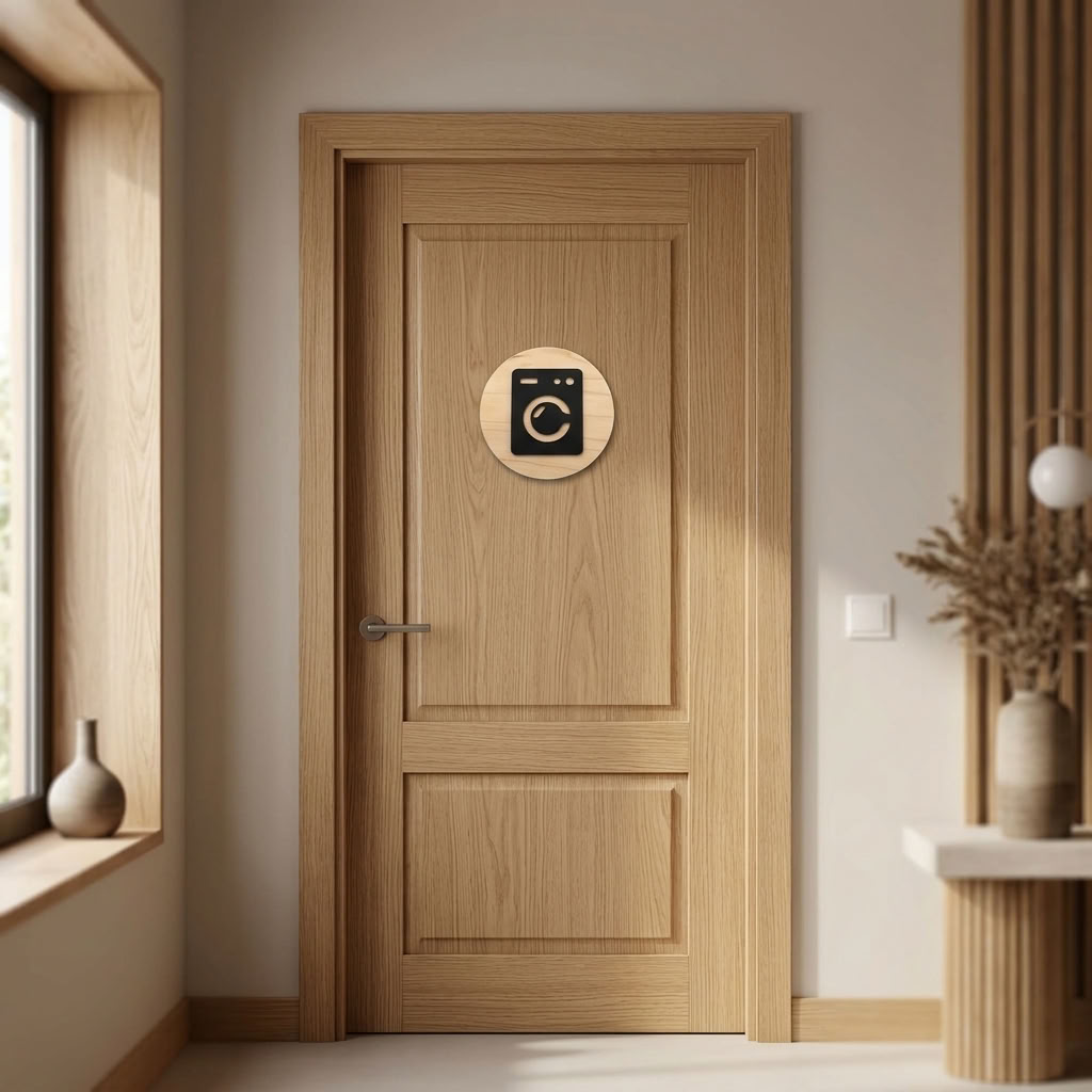 Wooden utility room door plaque with black washing machine symbol