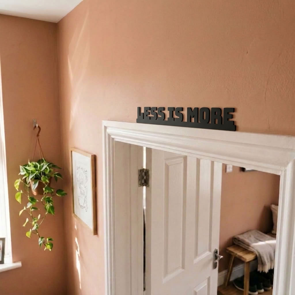 Handmade Less Is More door topper sign for home and office