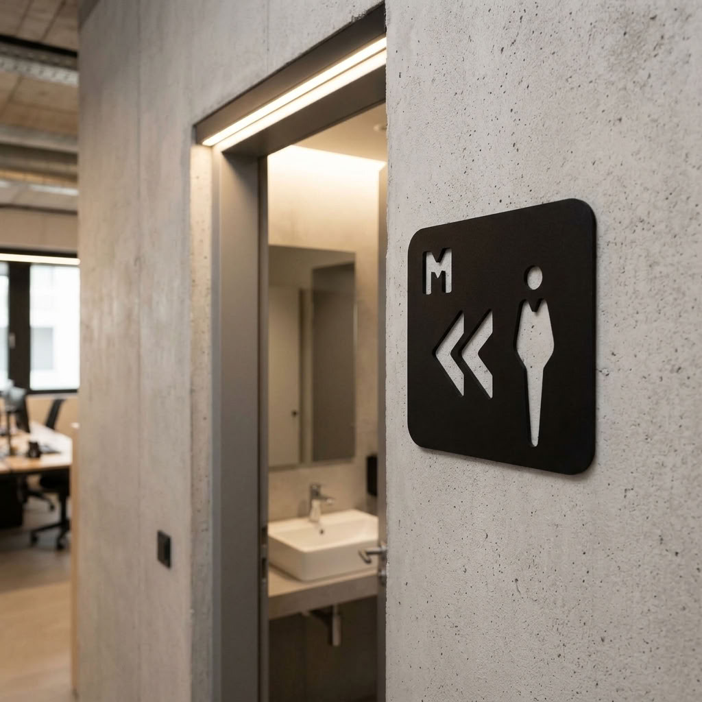 Modern men’s restroom sign pointing left for customer-facing businesses