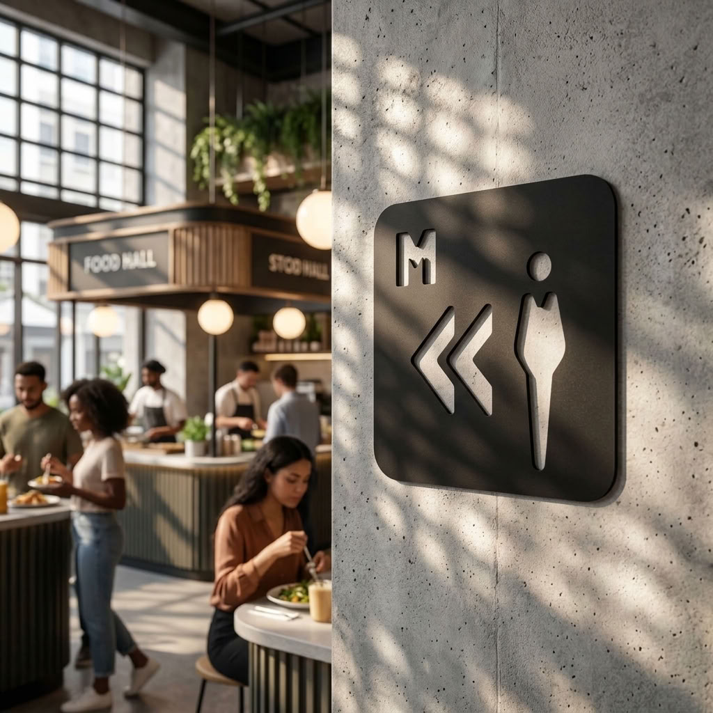 Black MDF men’s toilet sign with left arrows for cafés, pubs and restaurants