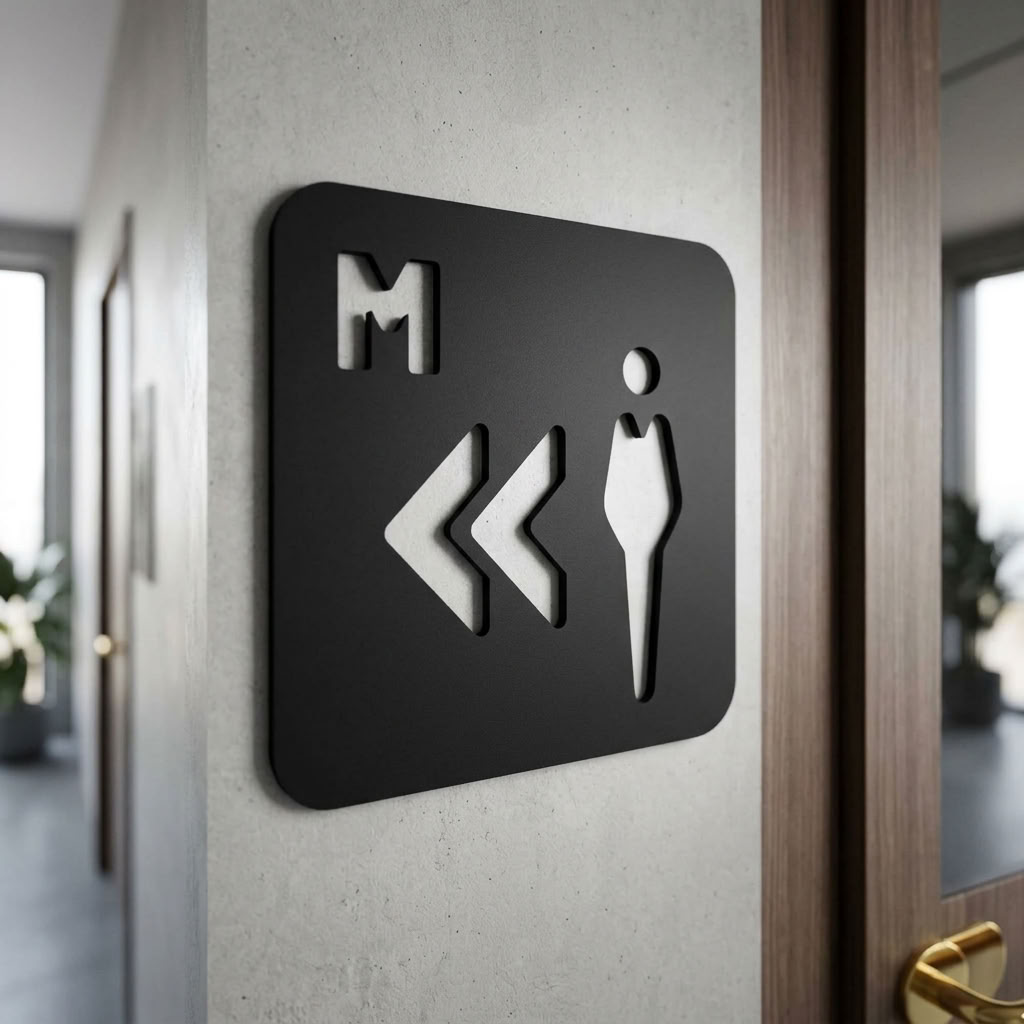 Black male restroom direction sign for offices, hotels and commercial businesses