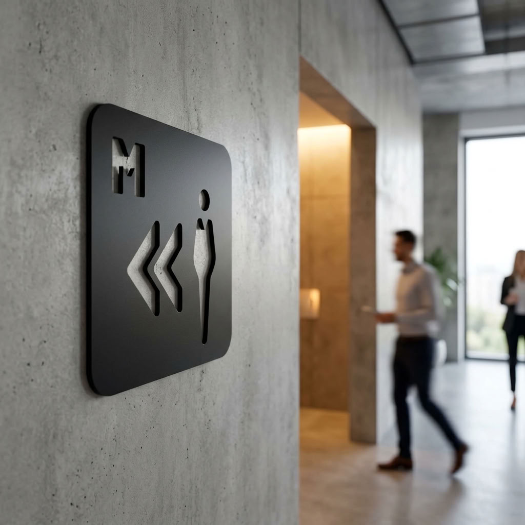Gents toilet sign with left-pointing arrows for cafés and hospitality venues
