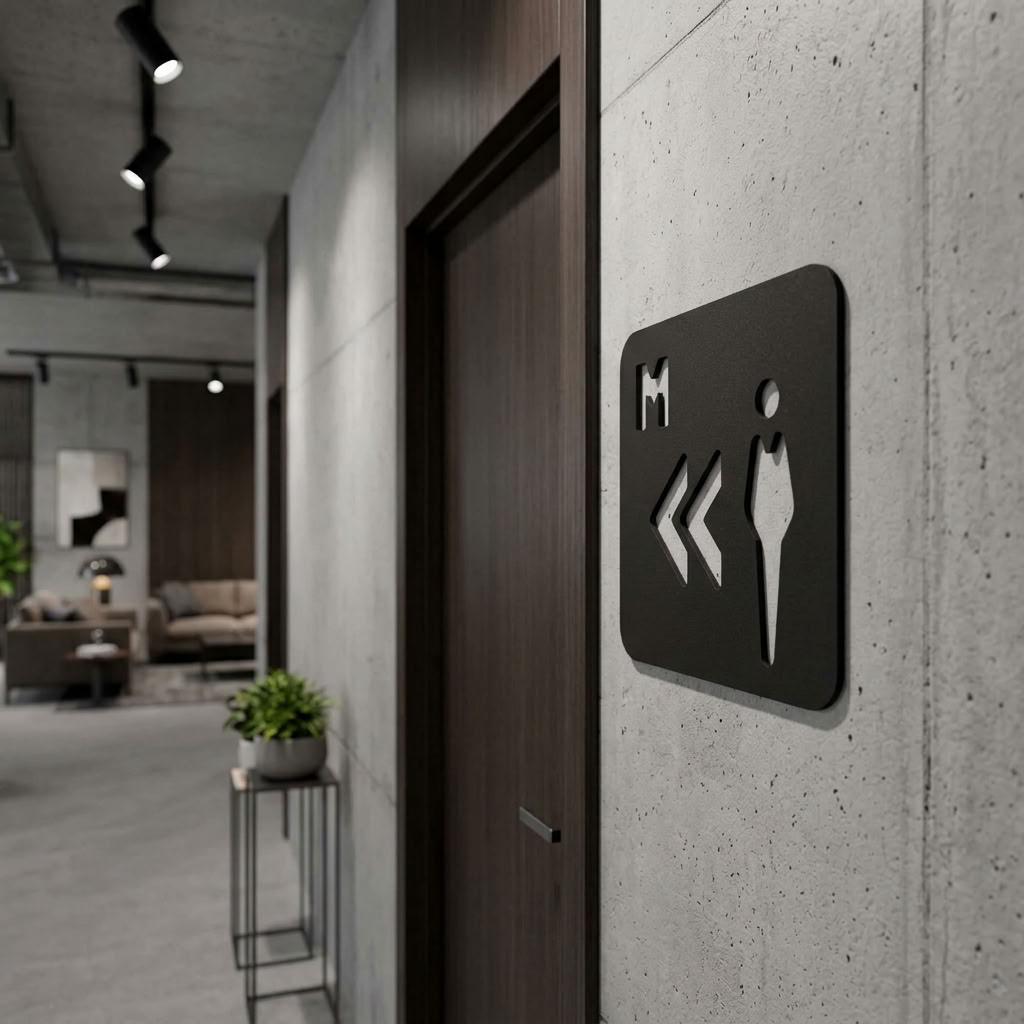 Modern men’s WC direction sign in black MDF for restaurants, pubs and offices