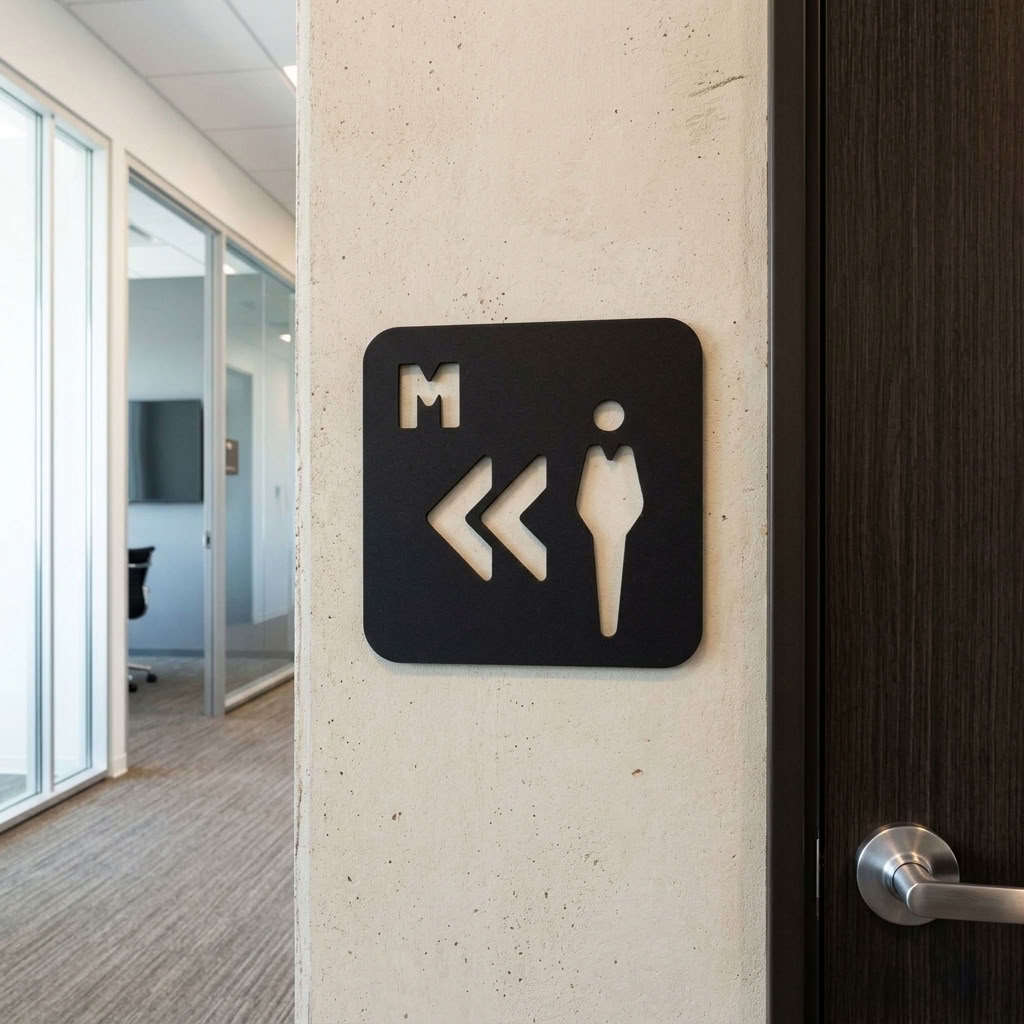 Square black male toilet wayfinding sign for commercial corridors and reception areas