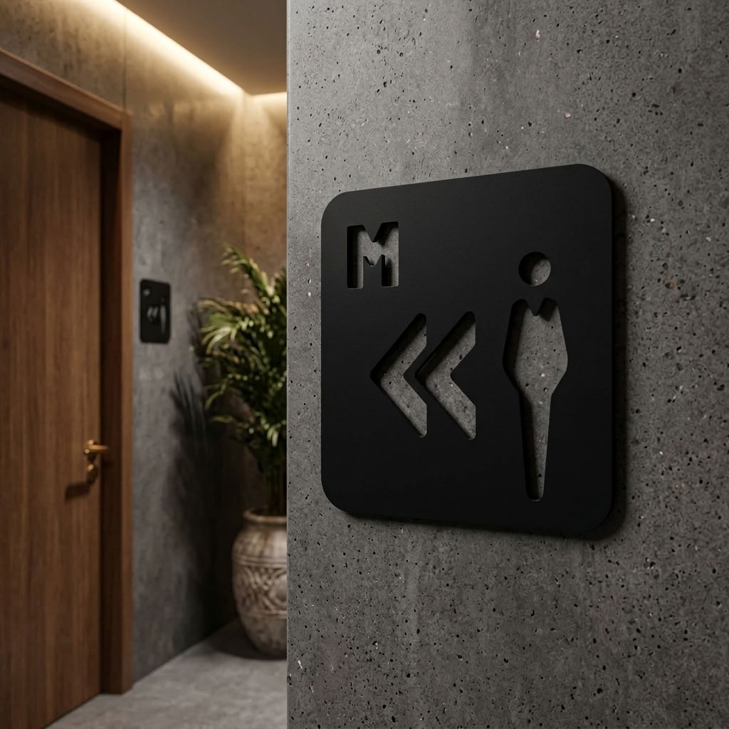 Black gents restroom sign with left arrows for offices, cafés and retail businesses