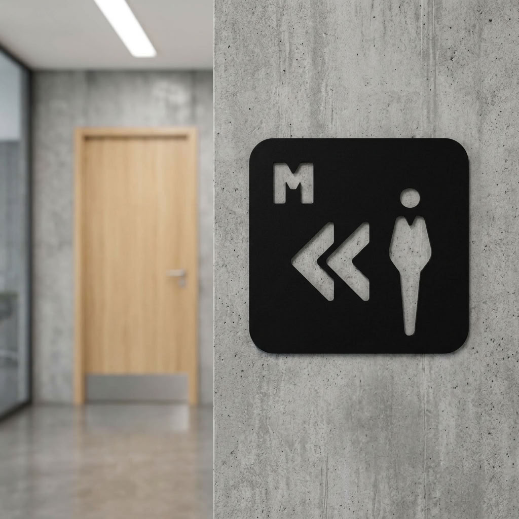 Commercial men’s toilet direction sign in black MDF for restaurants and workplaces