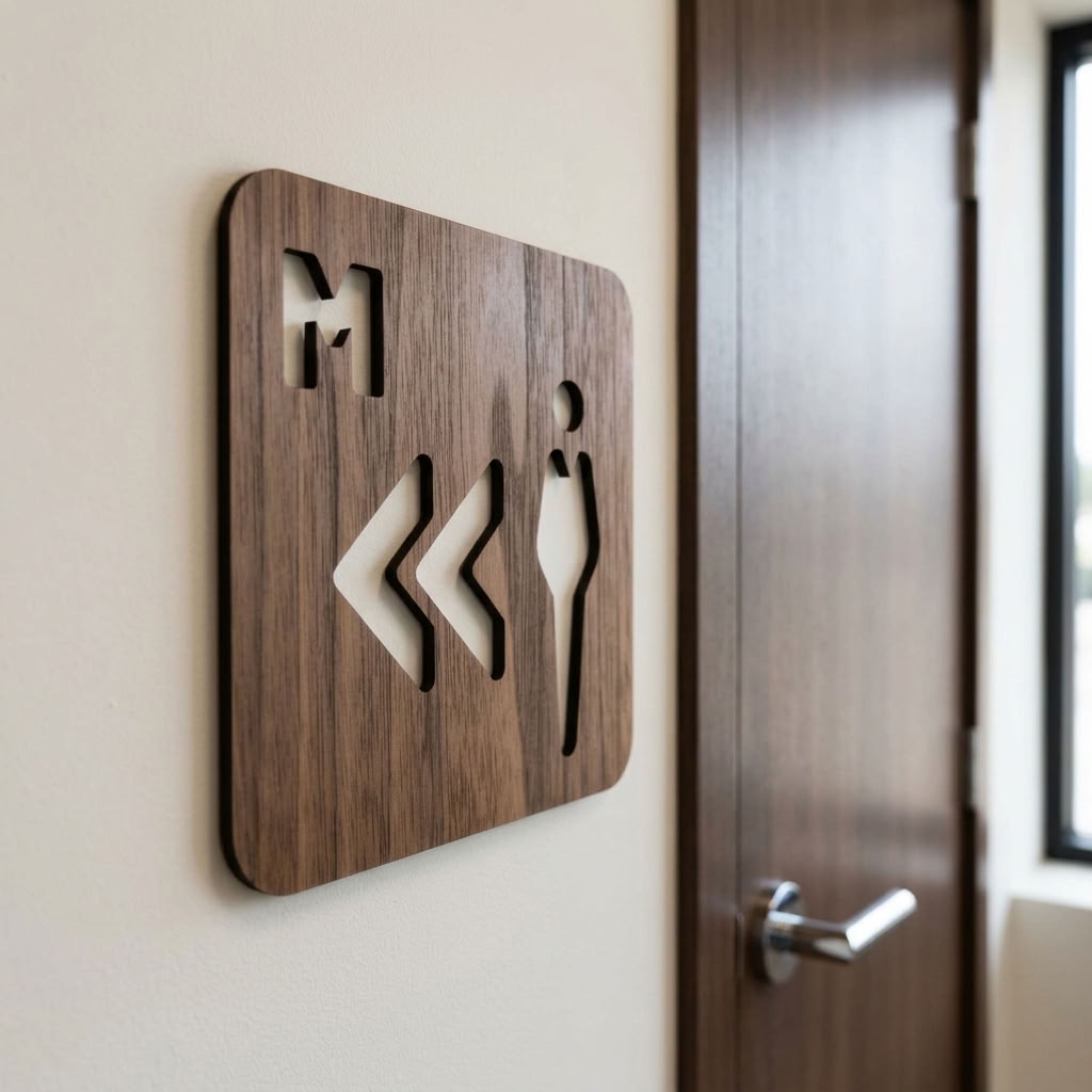 Male toilet sign with left arrows for offices, shops, hotels and public-facing spaces