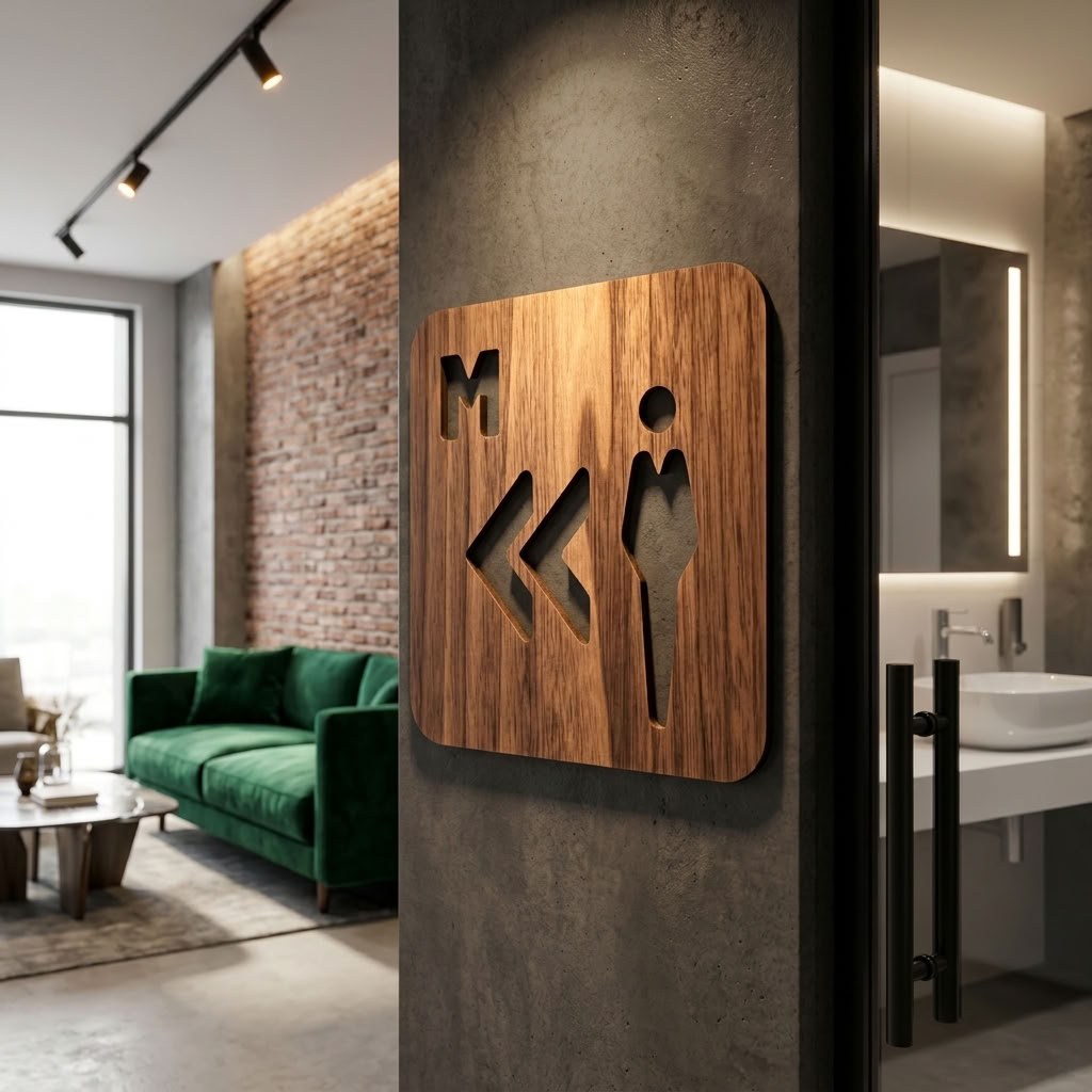 Natural walnut men’s restroom sign pointing left for customer-facing businesses