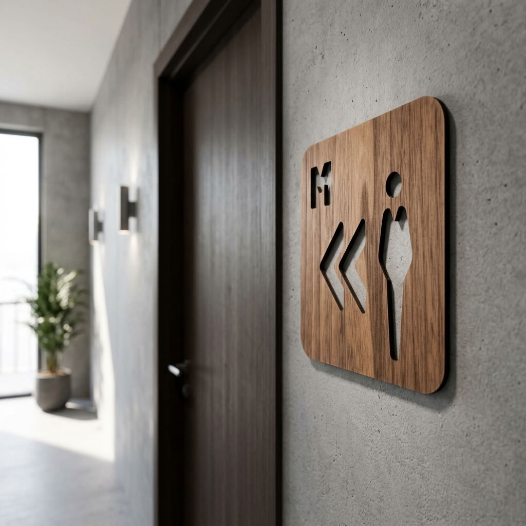 Walnut men’s toilet sign with left arrows for cafés, pubs and restaurants