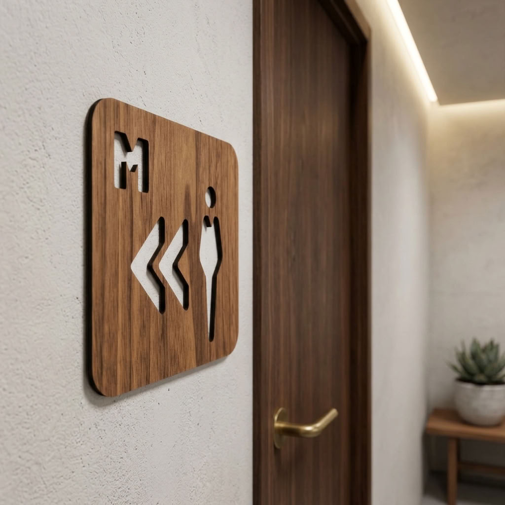 Wooden male restroom direction sign for offices, hotels and commercial businesses