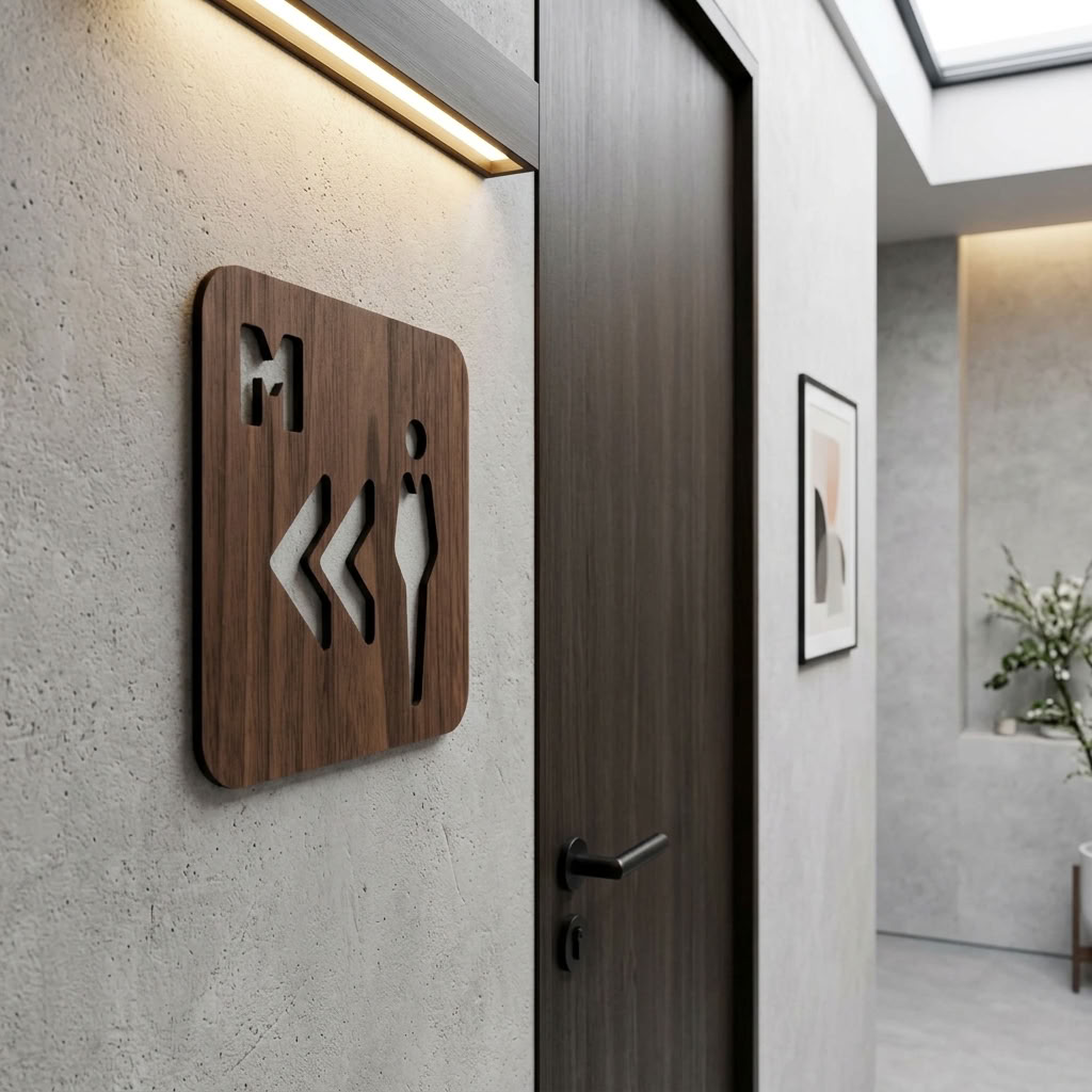 Walnut gents toilet sign with left-pointing arrows for cafés and hospitality venues