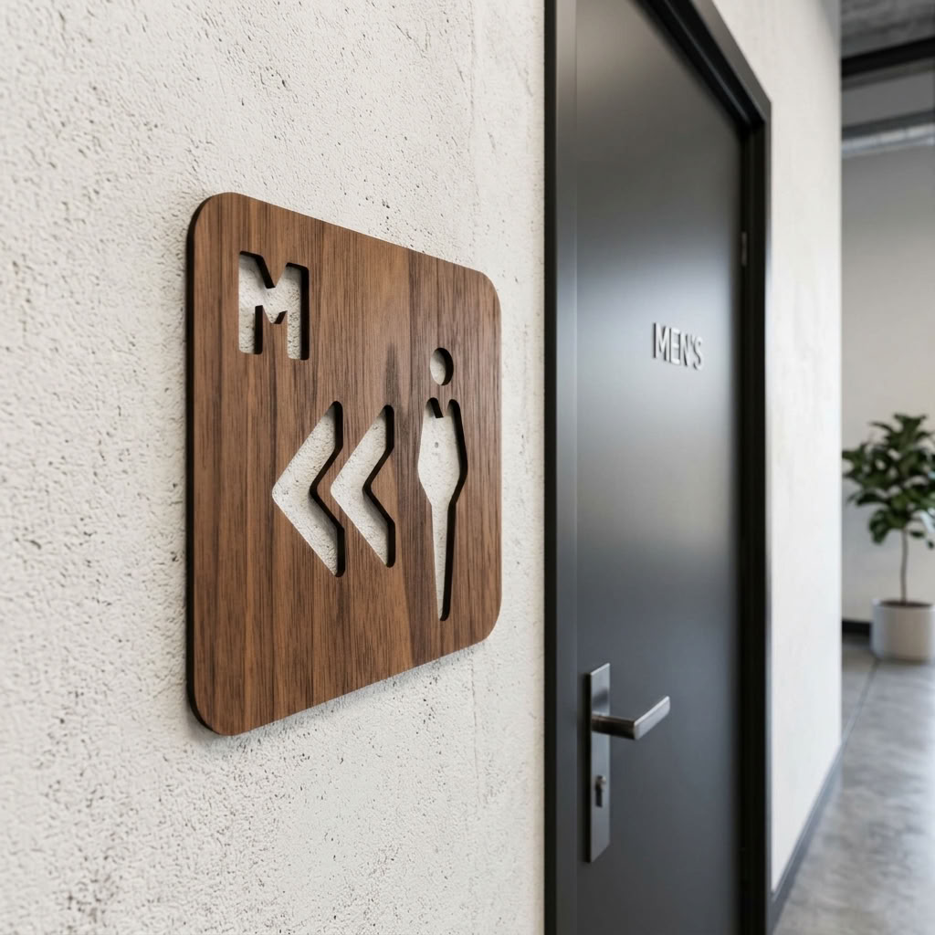 Modern men’s WC direction sign in walnut for restaurants, pubs, offices and hotels