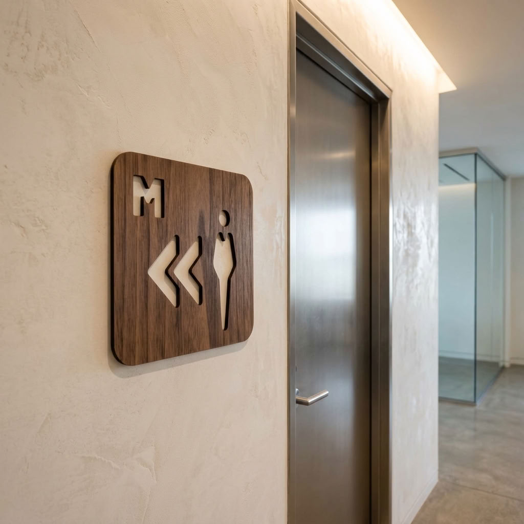 Square wooden male toilet wayfinding sign for commercial corridors and reception areas