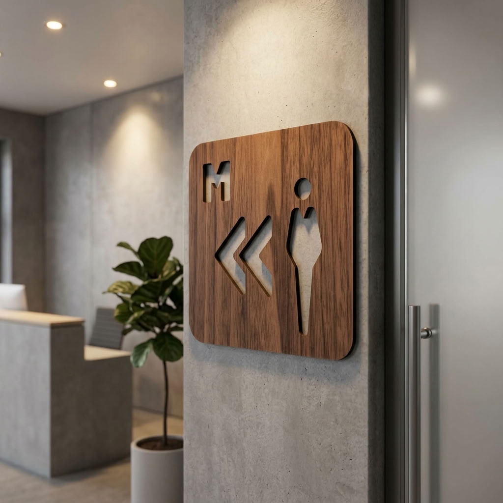 Walnut gents restroom sign with left arrows for offices, cafés and retail businesses