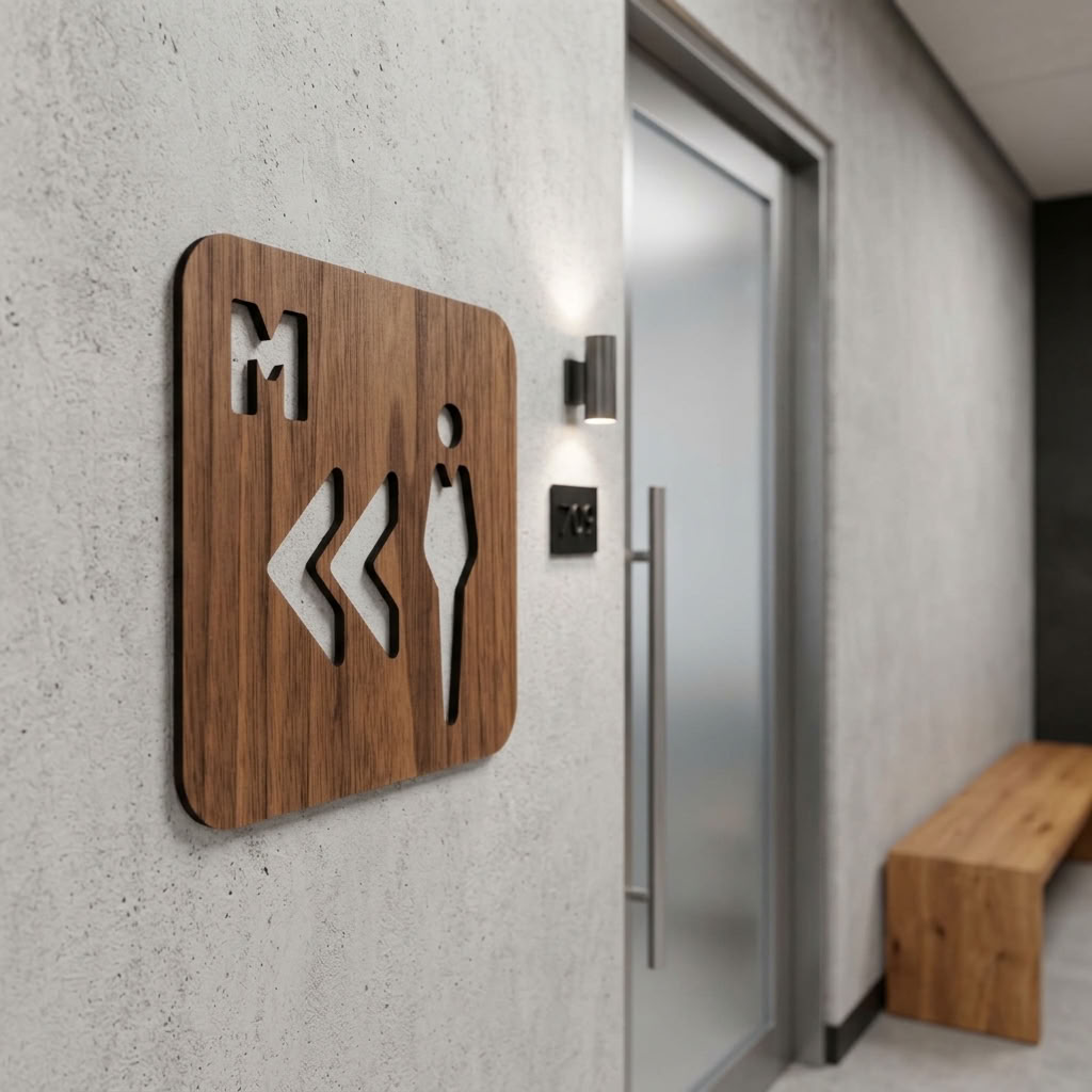 Commercial men’s toilet direction sign in natural walnut for restaurants and workplaces