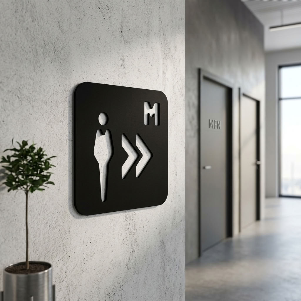 Commercial men’s toilet direction sign in black MDF for restaurants and workplaces