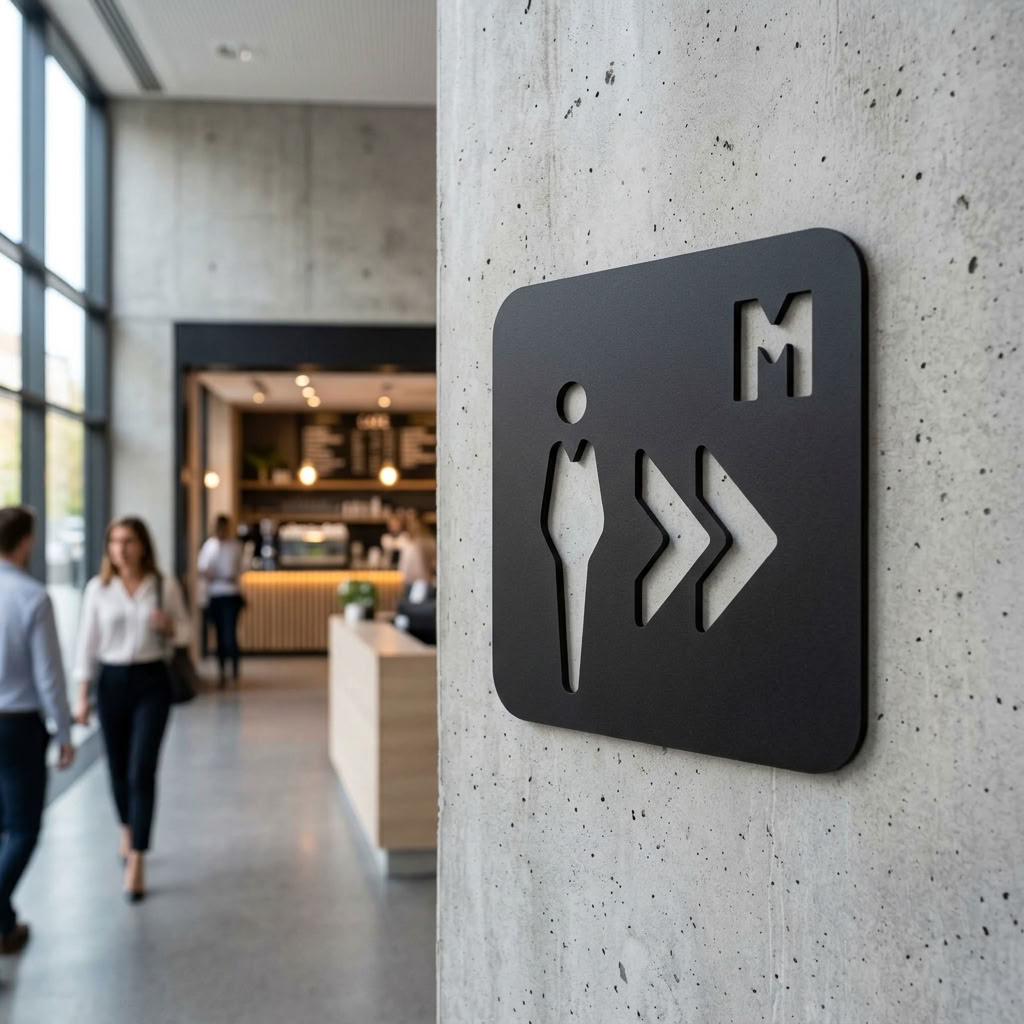 Black MDF men’s toilet sign with right arrows for cafés, pubs and restaurants