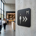 Black MDF men’s toilet sign with right arrows for cafés, pubs and restaurants