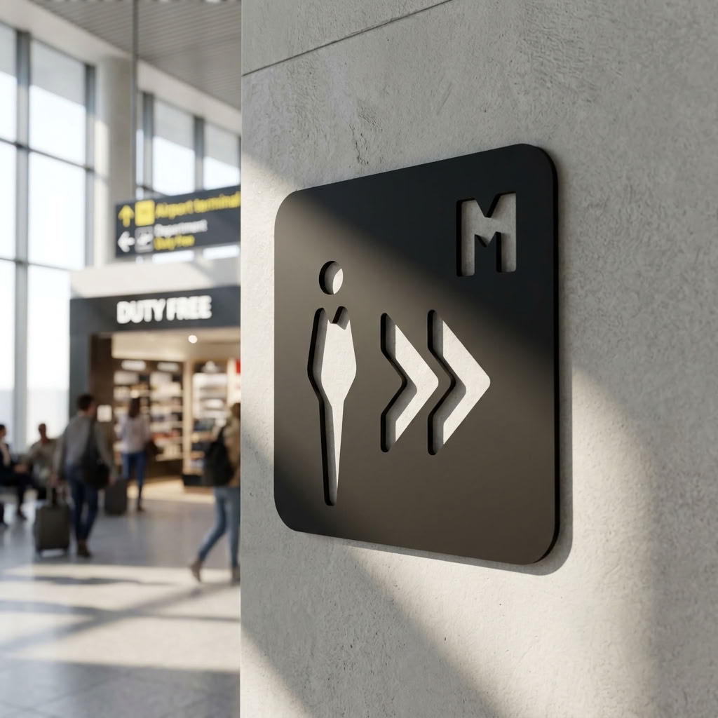 Black male restroom direction sign for offices, hotels and commercial businesses