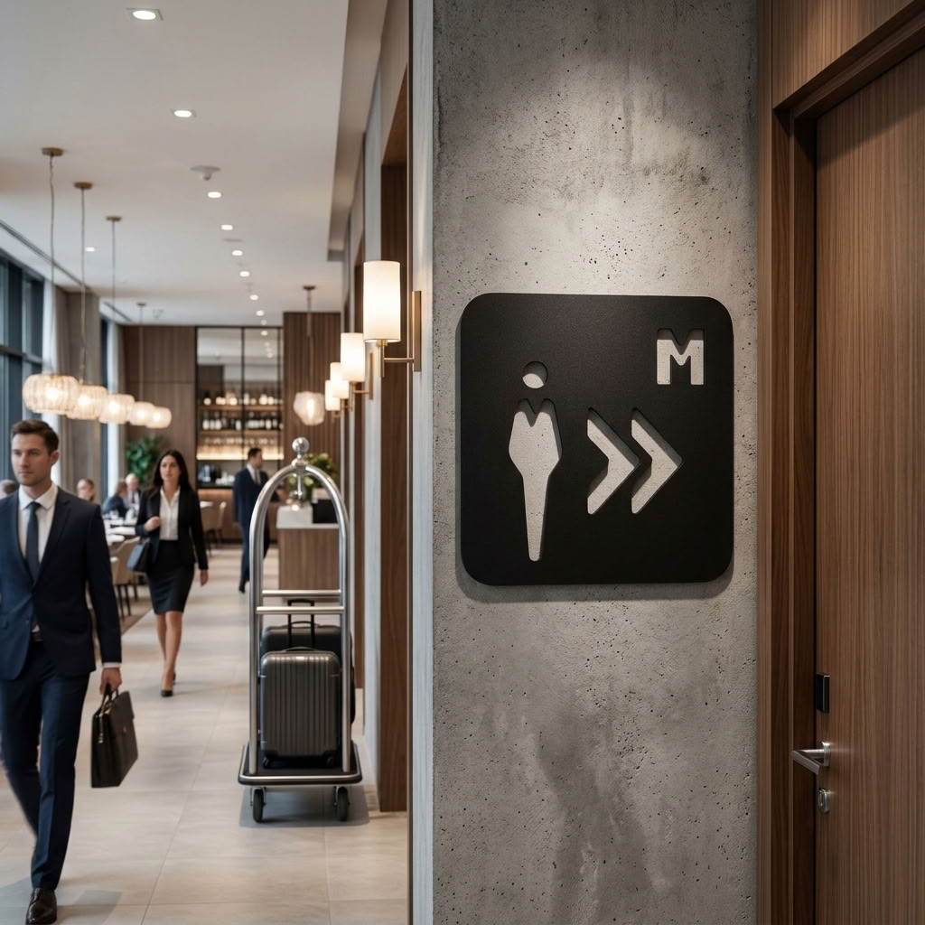 Gents toilet sign with right-pointing arrows for cafés and hospitality venues