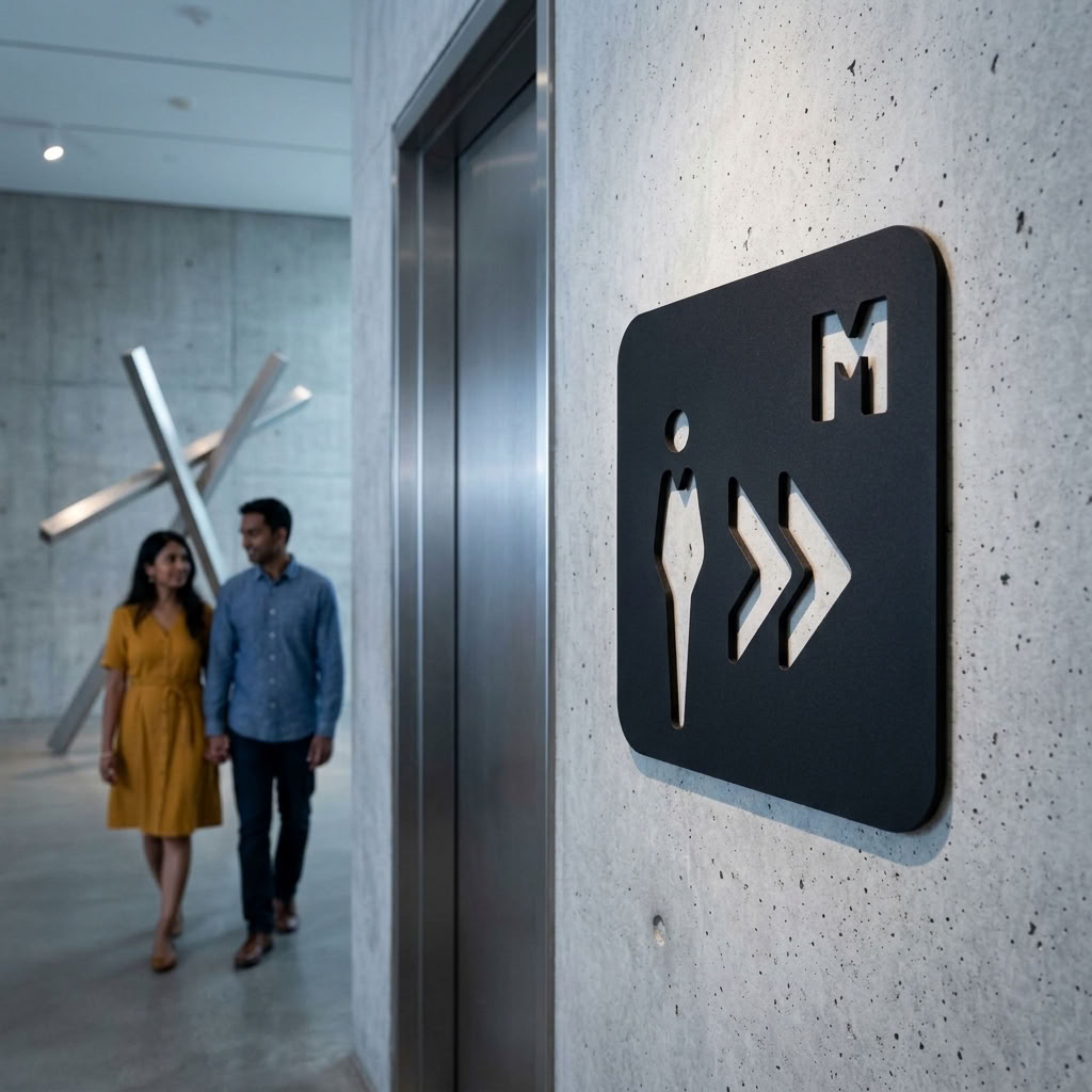 Modern men’s WC direction sign in black MDF for restaurants, pubs and offices