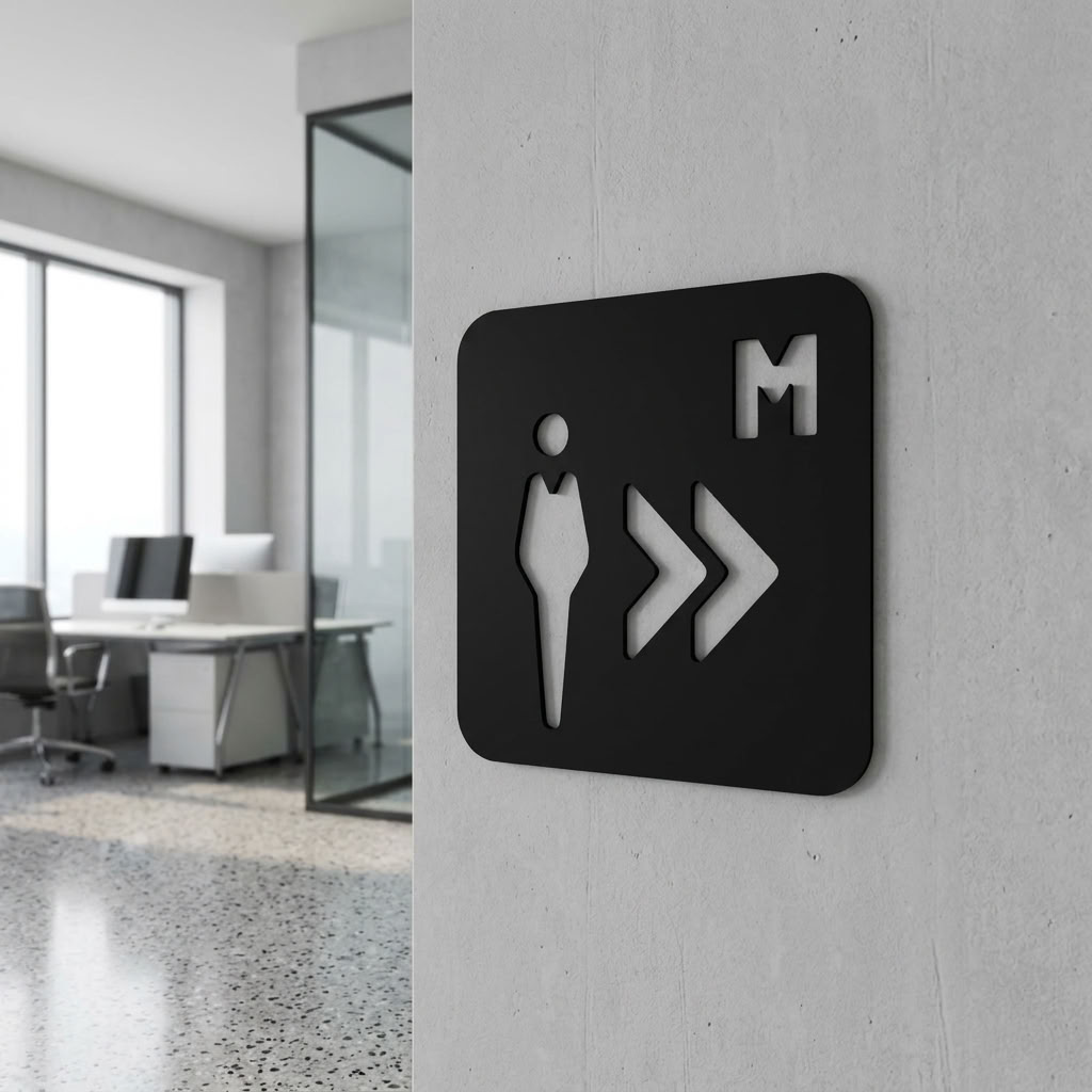Square black male toilet wayfinding sign for commercial corridors and reception areas