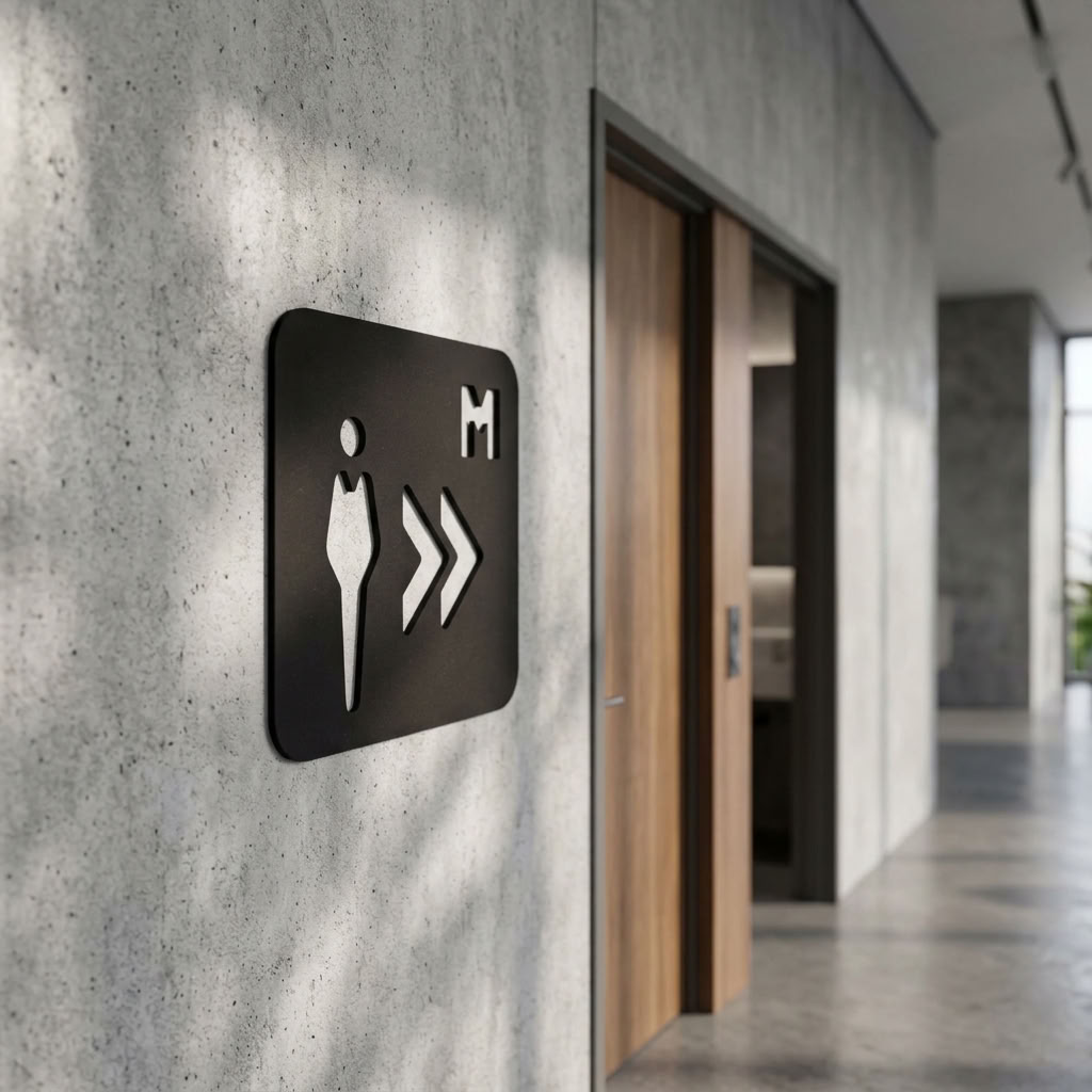 Black gents restroom sign with right arrows for offices, cafés and retail businesses