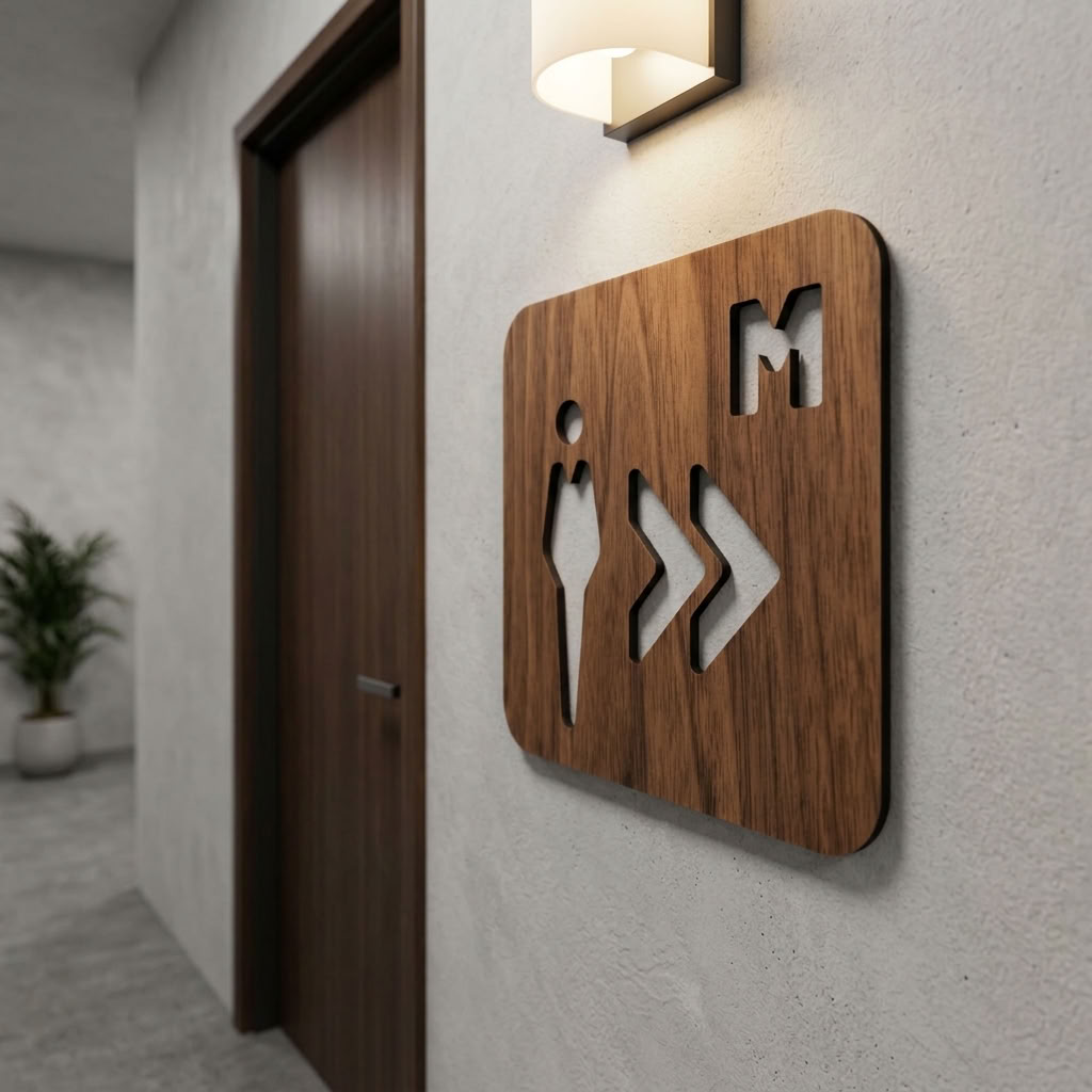 Walnut men’s toilet sign with right arrows for cafés, pubs and restaurants