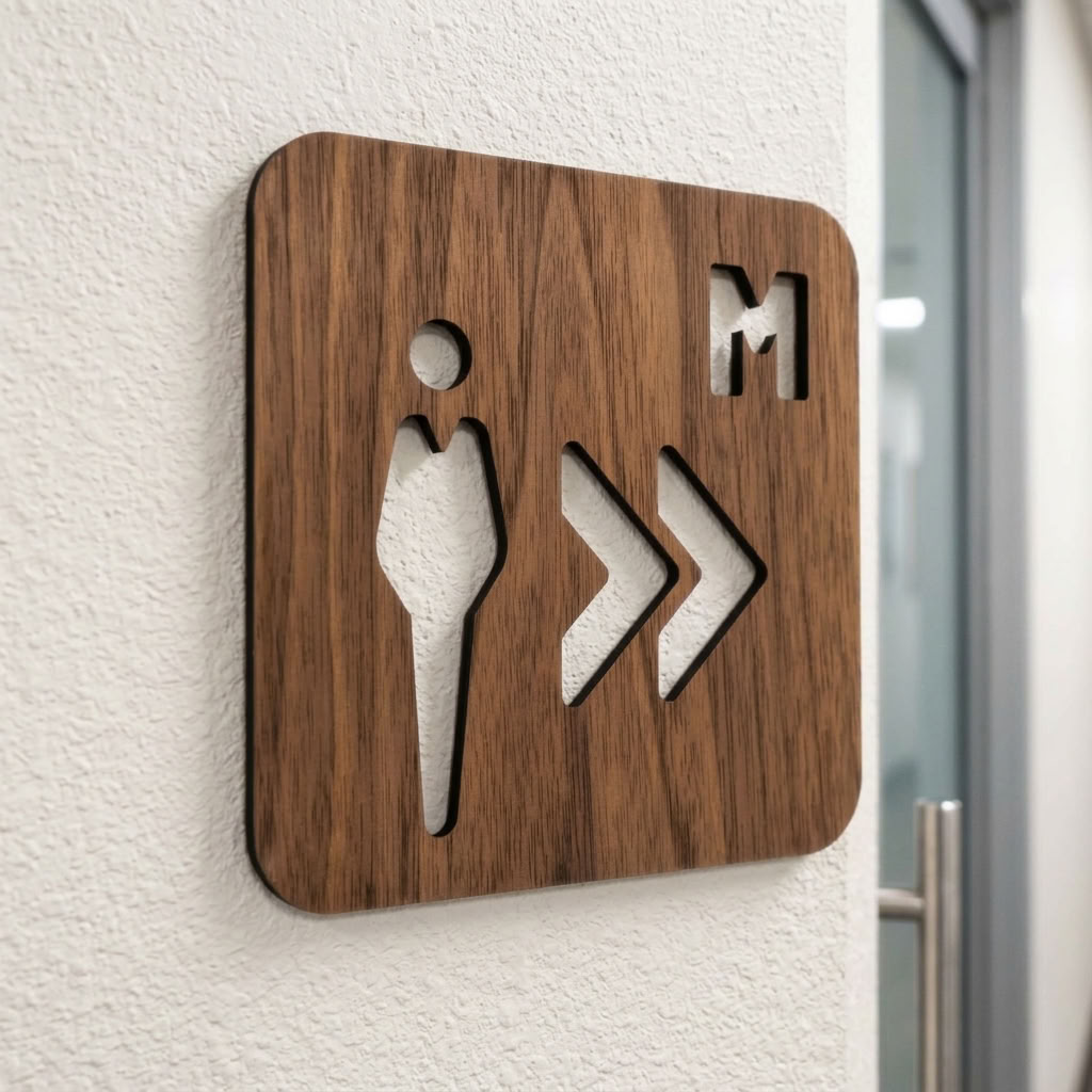 Walnut gents toilet sign with right-pointing arrows for cafés and hospitality venues