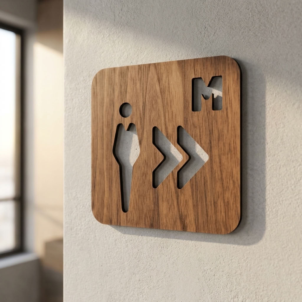 Modern men’s WC direction sign in walnut for restaurants, pubs, offices and hotels