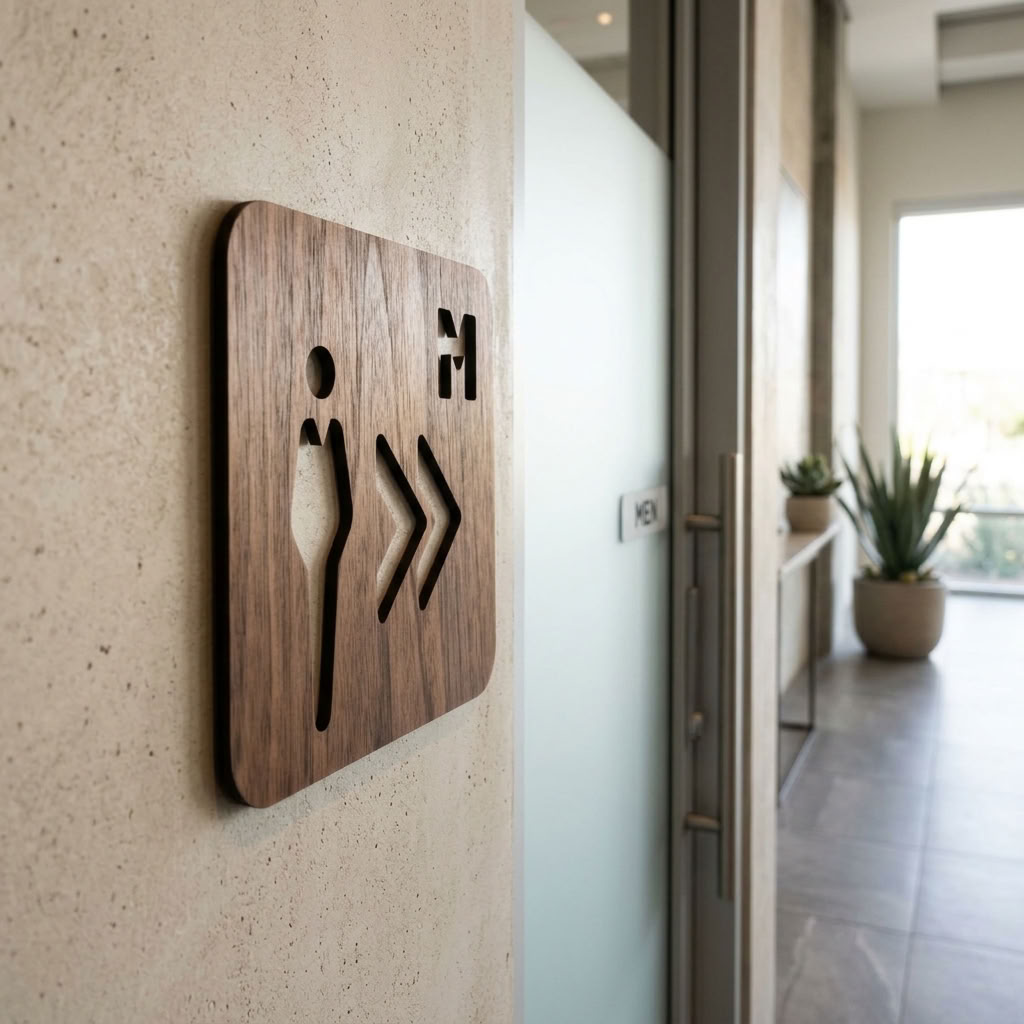 Square wooden male toilet wayfinding sign for commercial corridors and reception areas