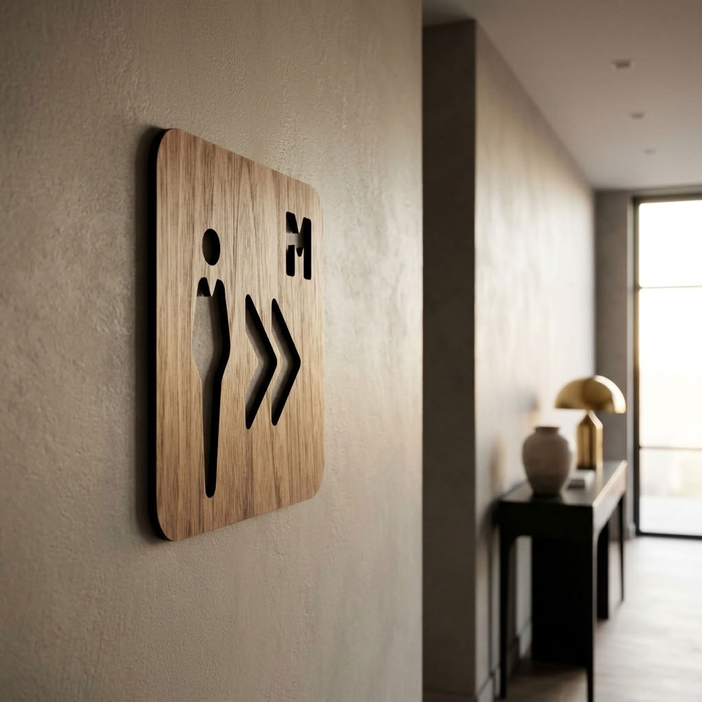 Walnut gents restroom sign with right arrows for offices, cafés and retail businesses