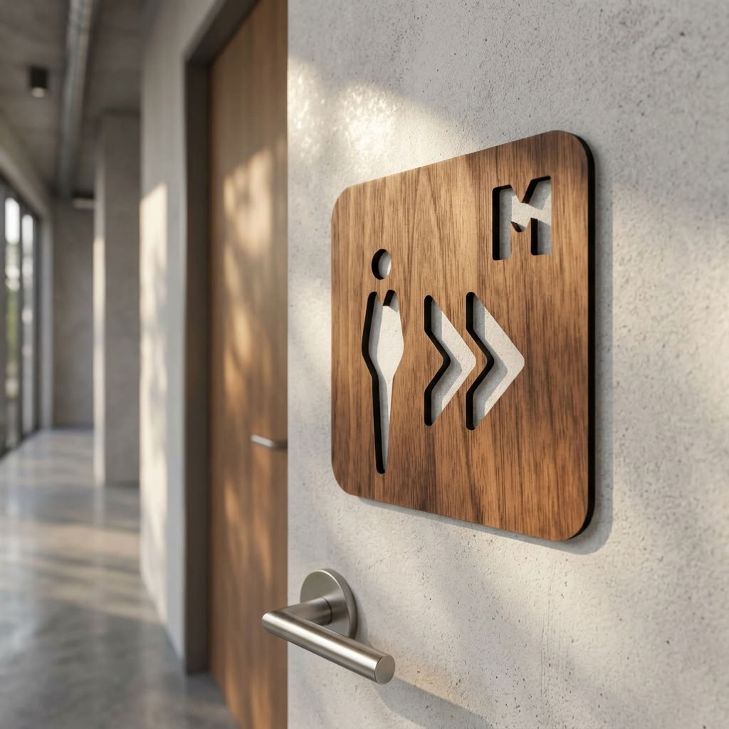 Natural walnut men’s restroom sign pointing right for customer-facing businesses