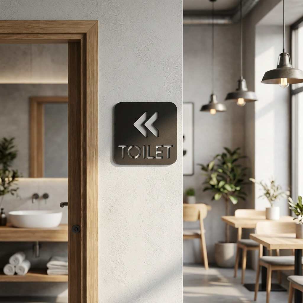 Toilet sign on a wall with a bathroom and dining area in the background