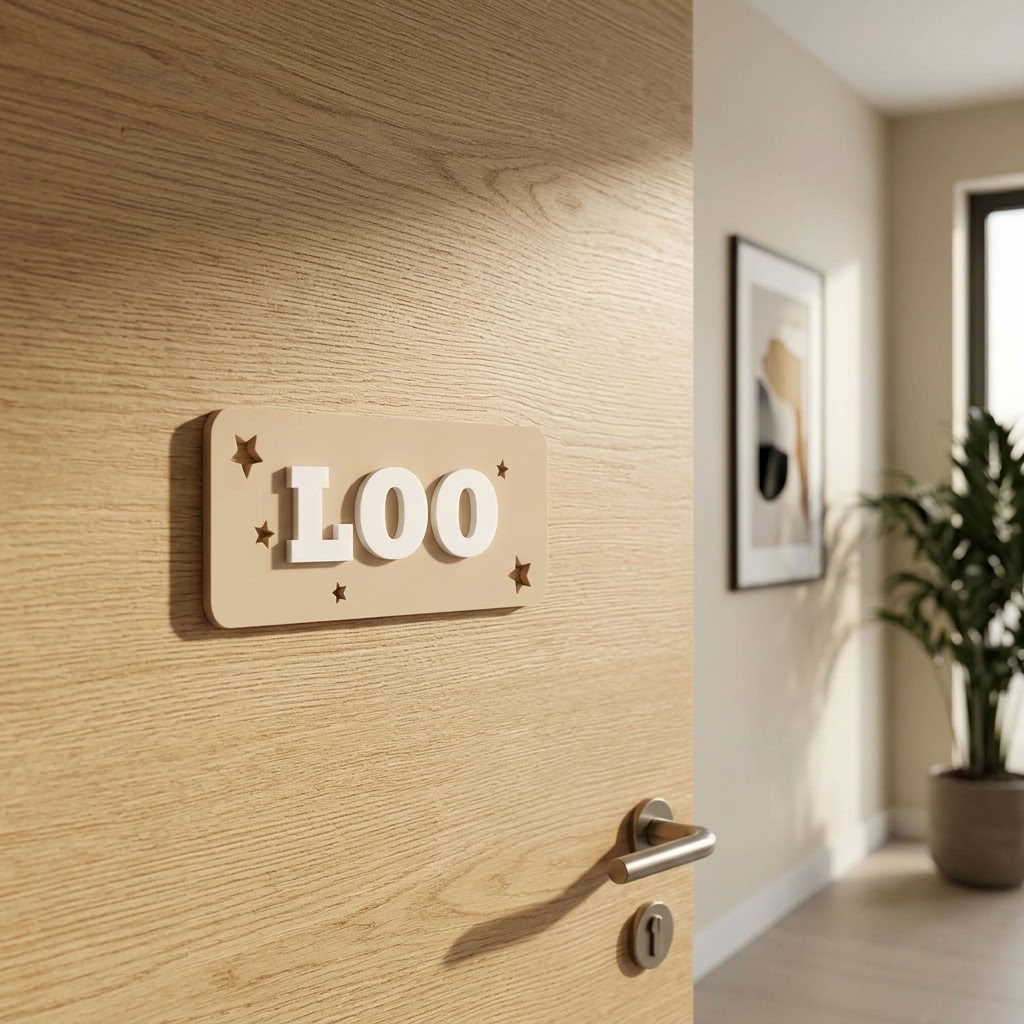 Modern beige toilet door sign with raised white LOO text for cafés and hotels