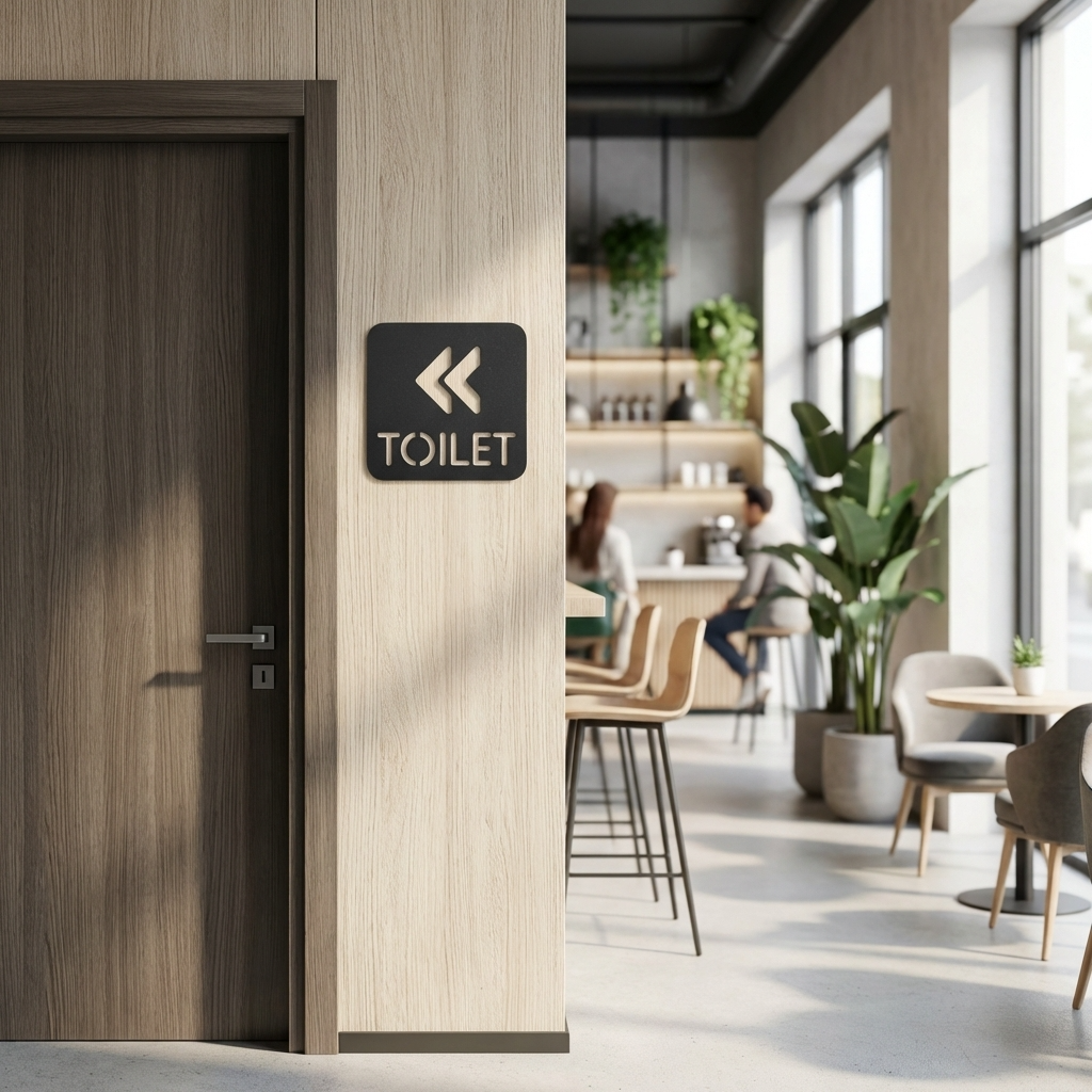 Wooden door with a 'TOILET' sign in a modern interior setting
