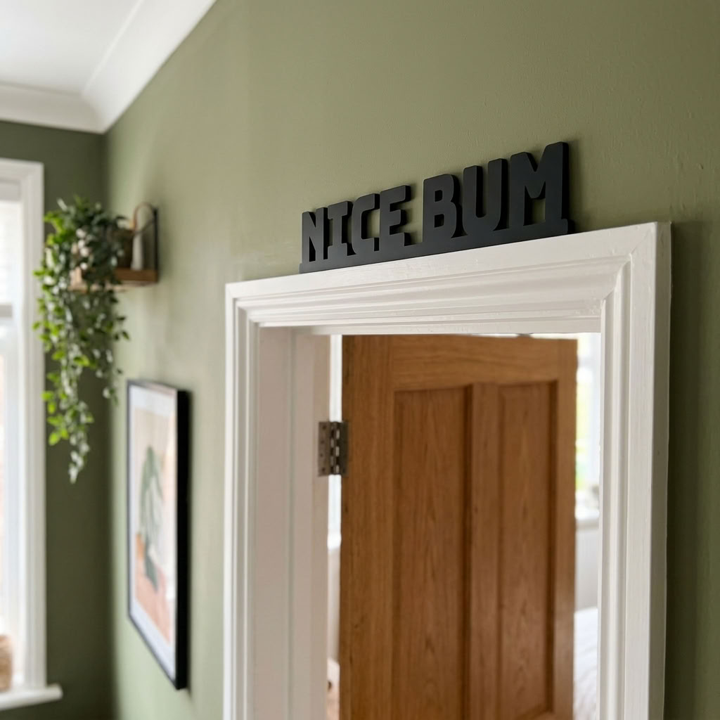 Handmade Nice Bum door topper sign for guest bathroom