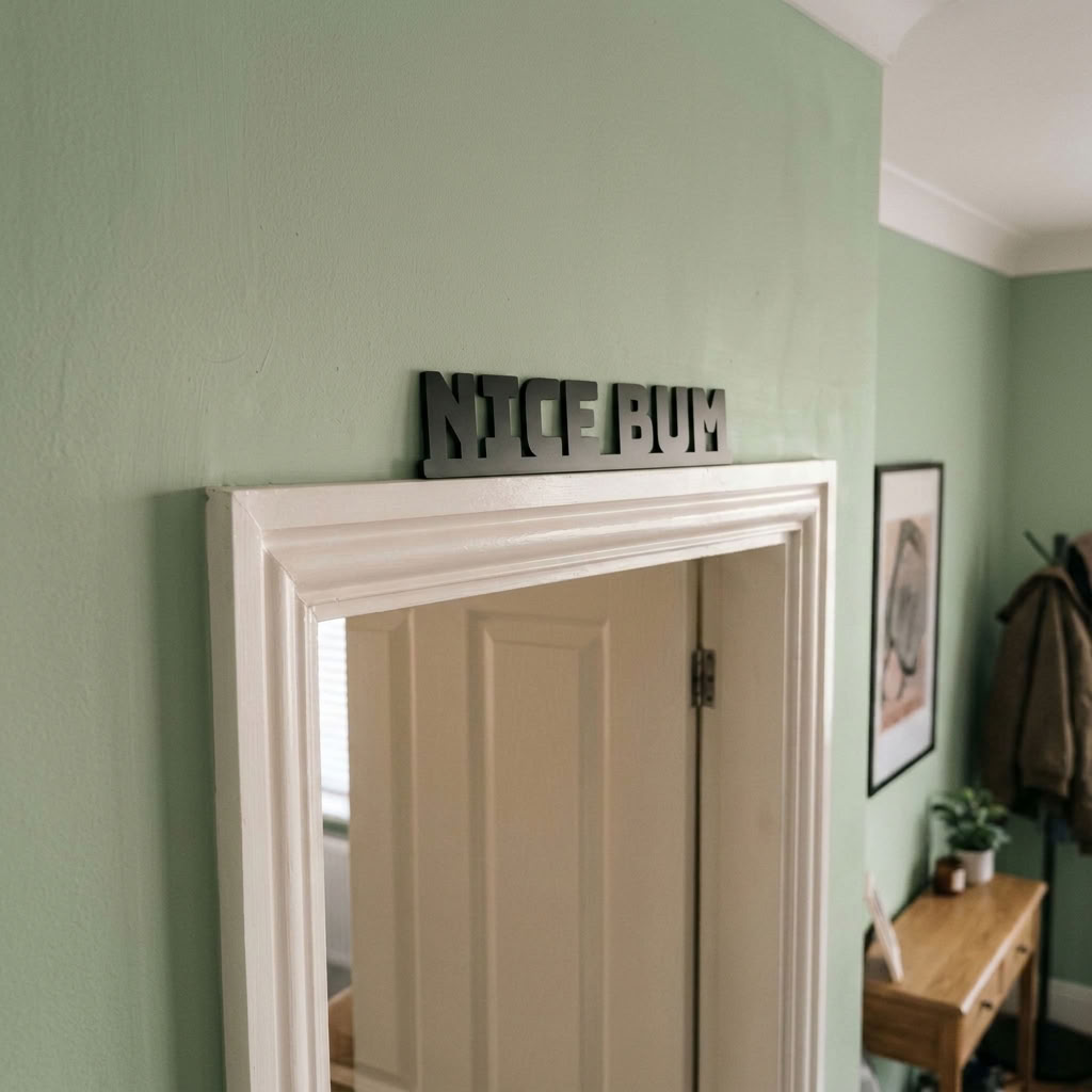 Minimalist cheeky bathroom sign in black acrylic
