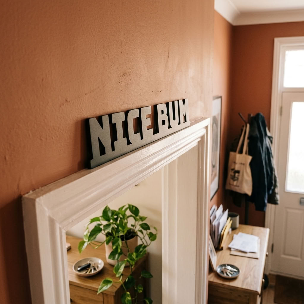 Funny bathroom door frame decor with Nice Bum text