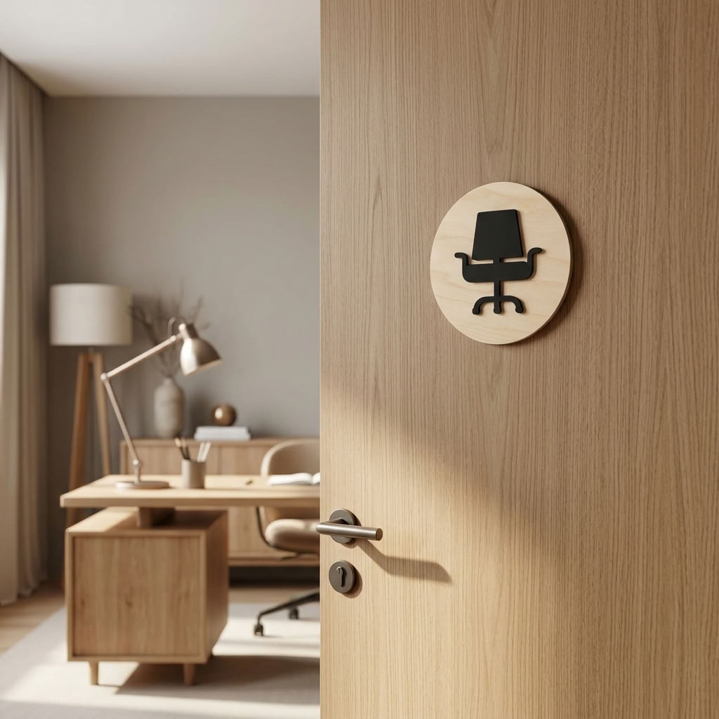 Modern home office sign mounted on dark interior door