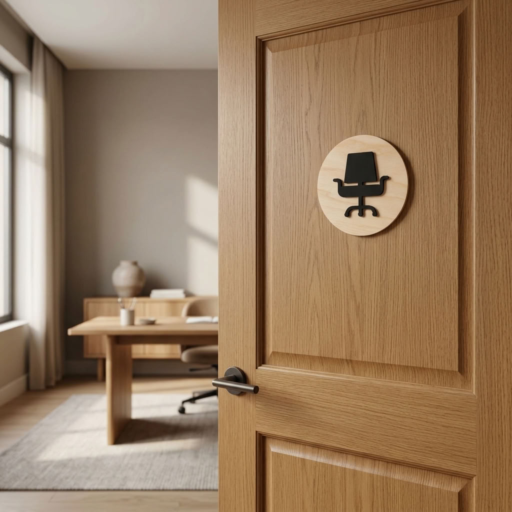 Study door sign with raised black acrylic office chair icon on birch plywood