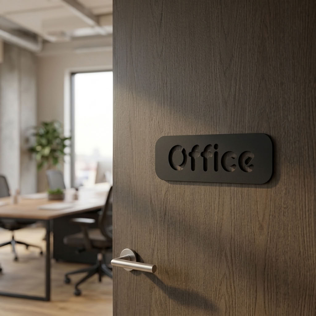 Office door sign in black acrylic with rounded corners